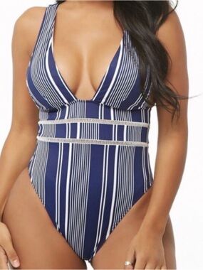 Forever 21 Navy & White Striped One-Piece Swimsuit